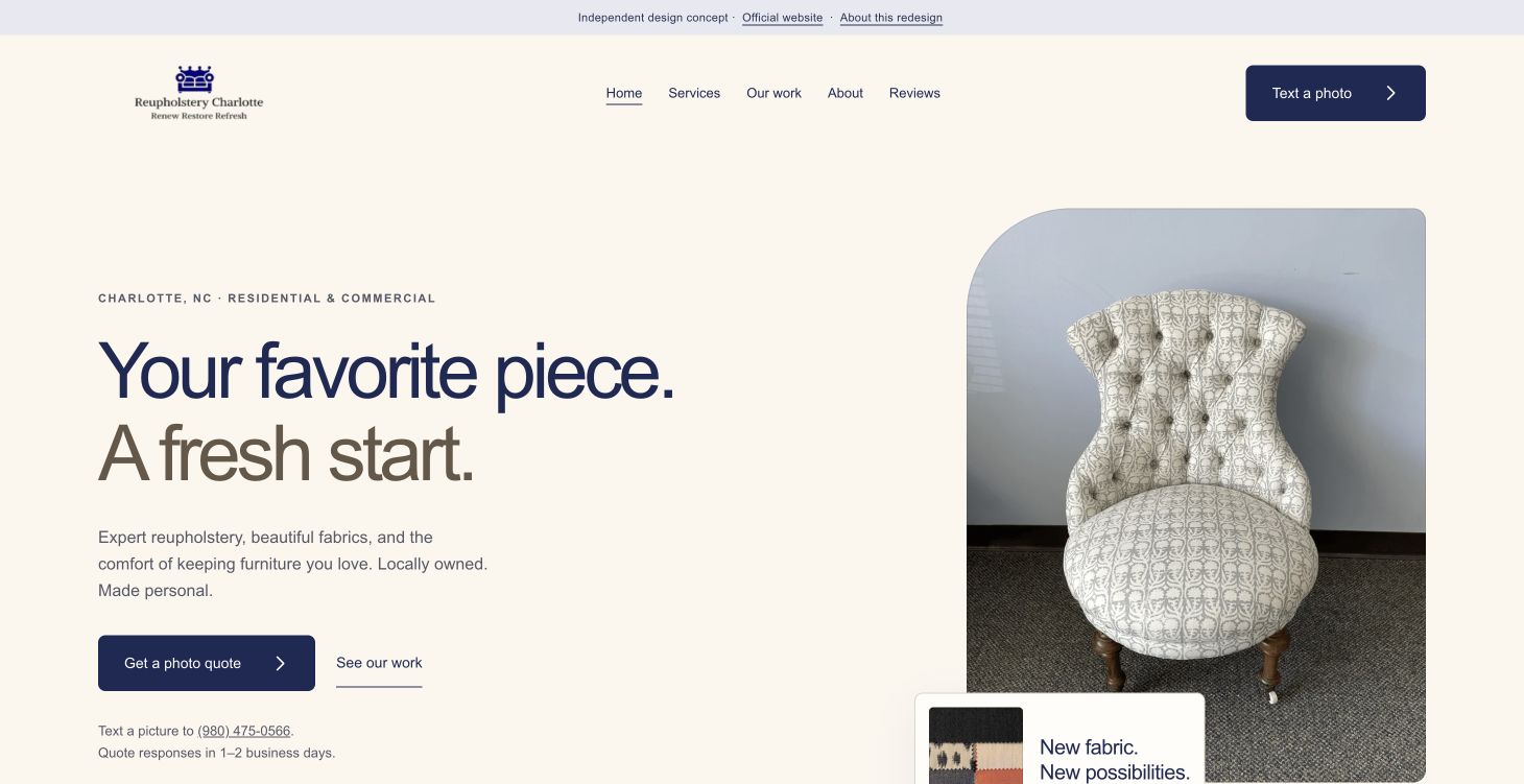 Reupholstery Charlotte website concept